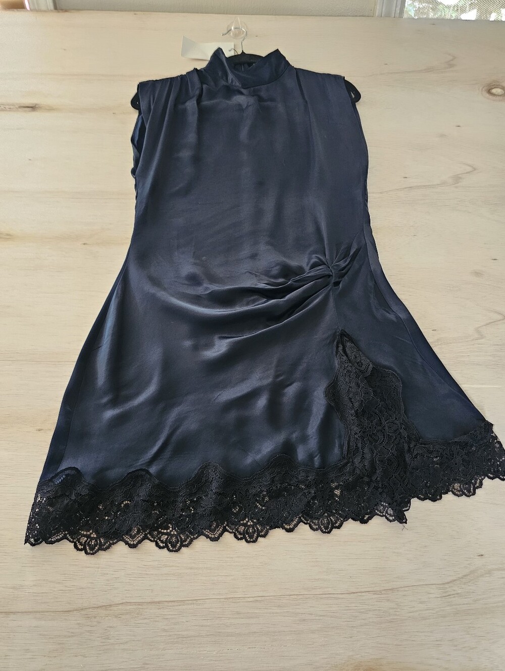 Zara Navy Blue Satin Viscose Lace Mini Dress Mock Neck Size S NWT - Picture 5 of 14